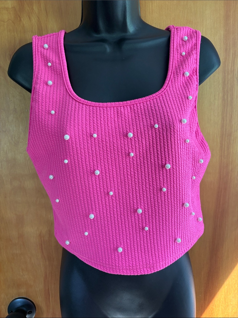 Pink Pearl-Embellished Ribbed Tank Top